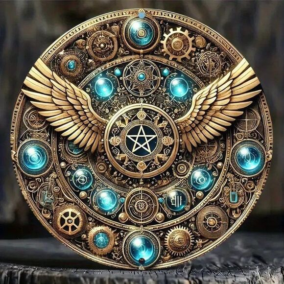 8×8 Inch Golden Metal Wall Art, Vintage Steampunk Design with Glowing Blue Orbs - Picture 1 of 2